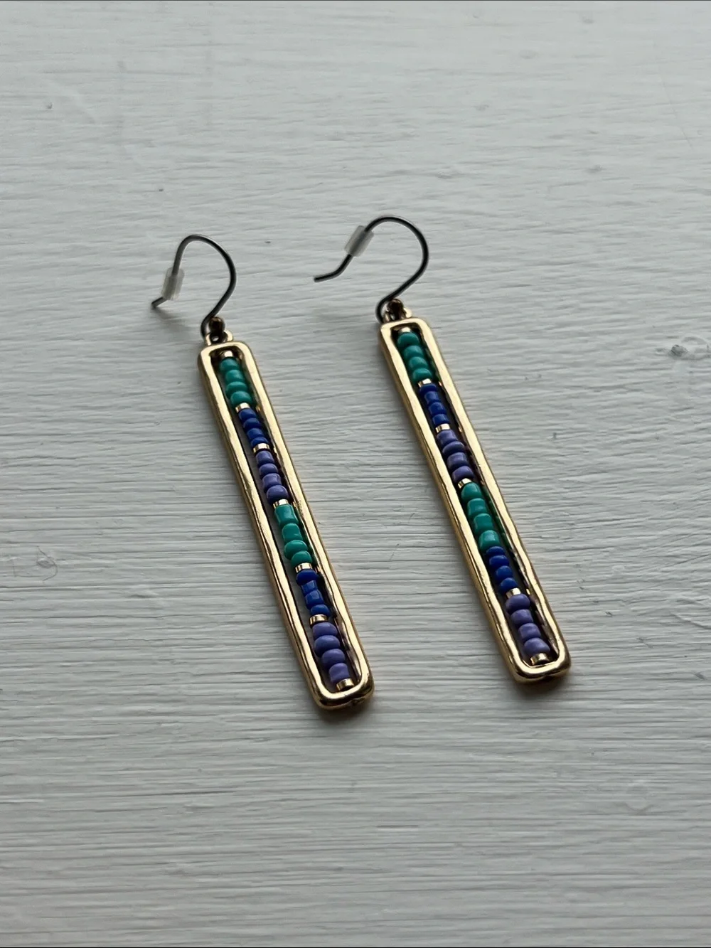 Gold-Tone Bar Drop Earrings with Blue and Teal Beads